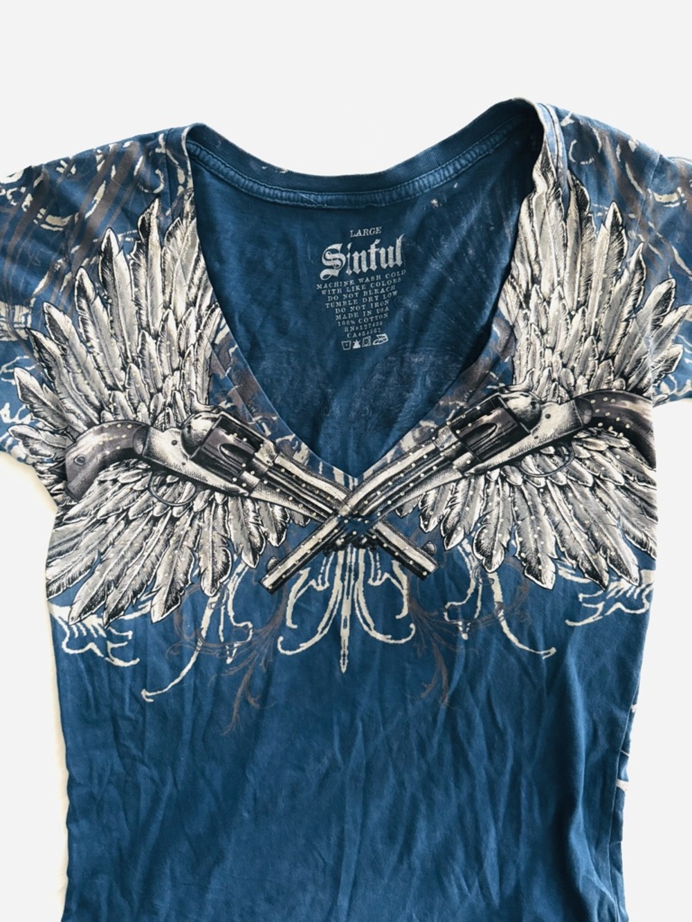 Sinful by Affliction V-Neck 
Blue & White Winged Guns with Rhinestones - Picture 6 of 9